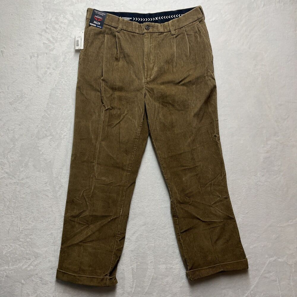 Roundtree & Yorke Corduroy Cuffed Pant Men’s 36x29 Khaki Pleated Classic Fit NEW